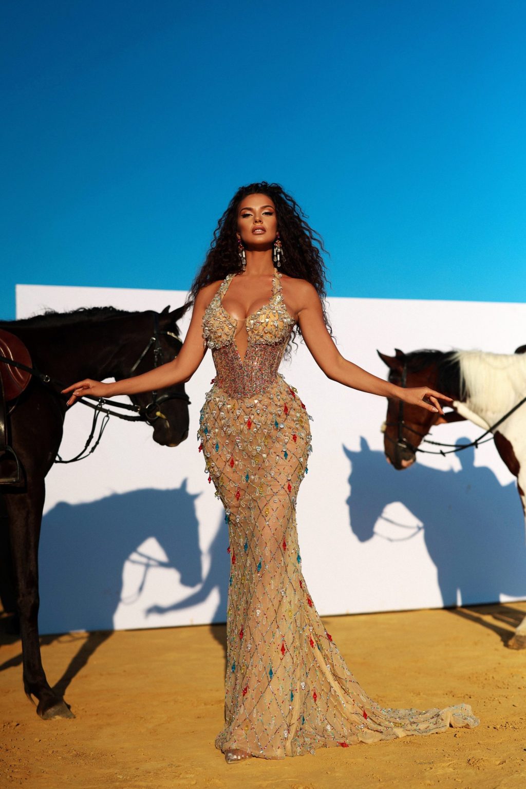 Beige Crystal Dress with Rhinestones Boned Corset
