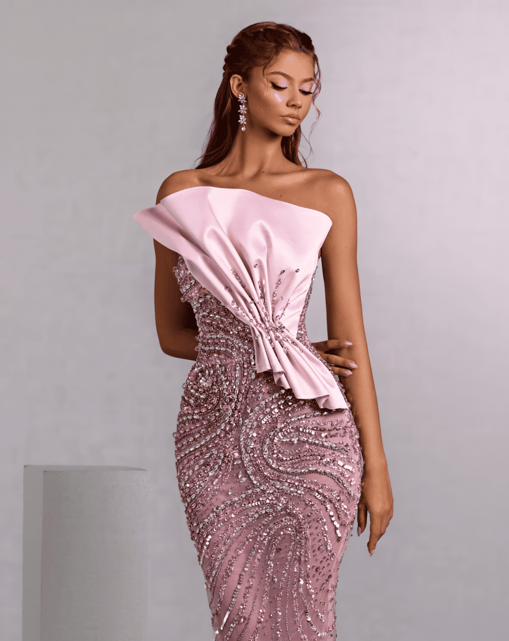 Pink Mermaid Gown with Draped Satin and Crystal Swirls