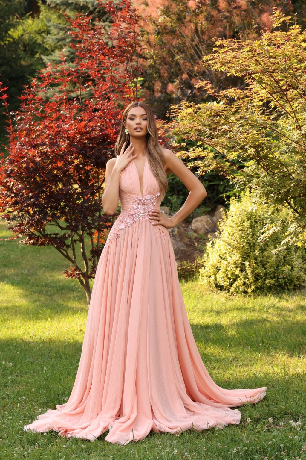 Meliora - Peach Halter Gown with Floral Embellishment