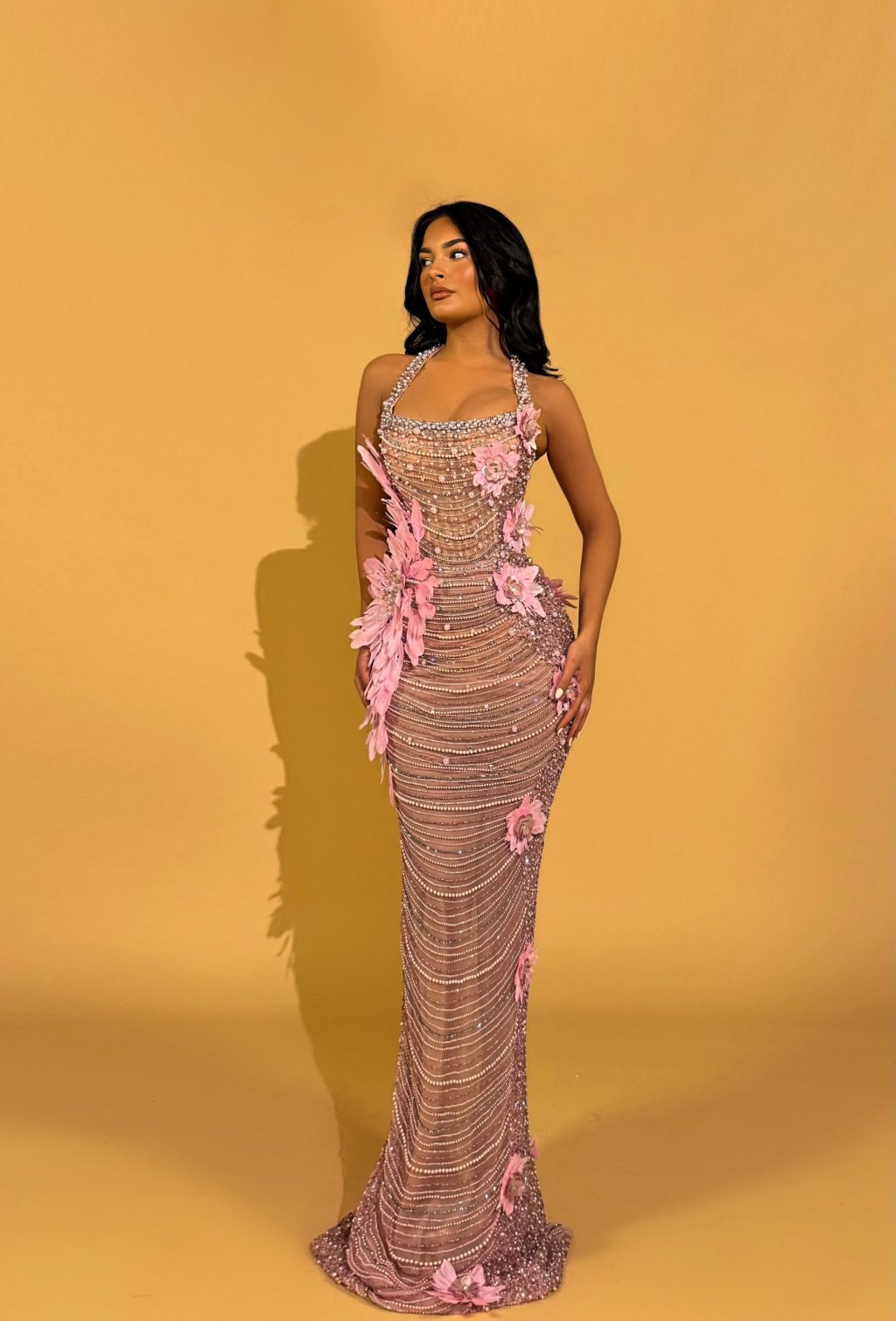 Blush Pink Beaded Gown with 3D Floral Appliqués
