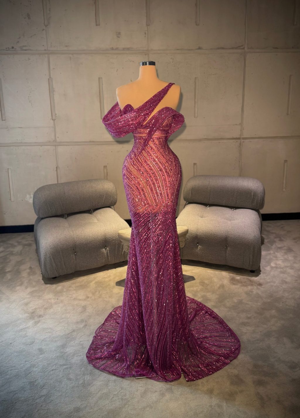 Valèria - Magenta Sequin Off Shoulder Gown