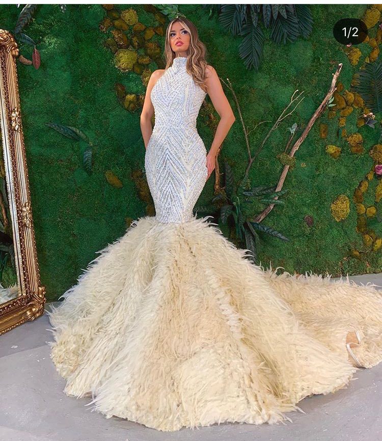 Halter Mermaid Feathered Gown