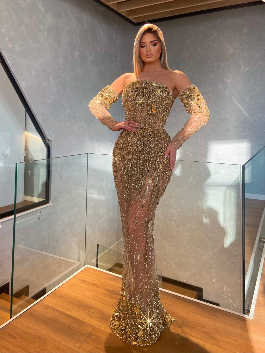 Gold Mesh Embellished Dress
