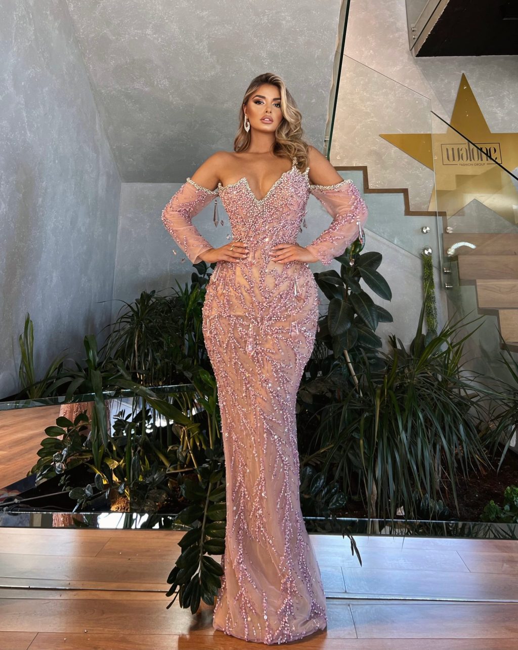 Off Shoulders Baby Pink Beaded Dress
