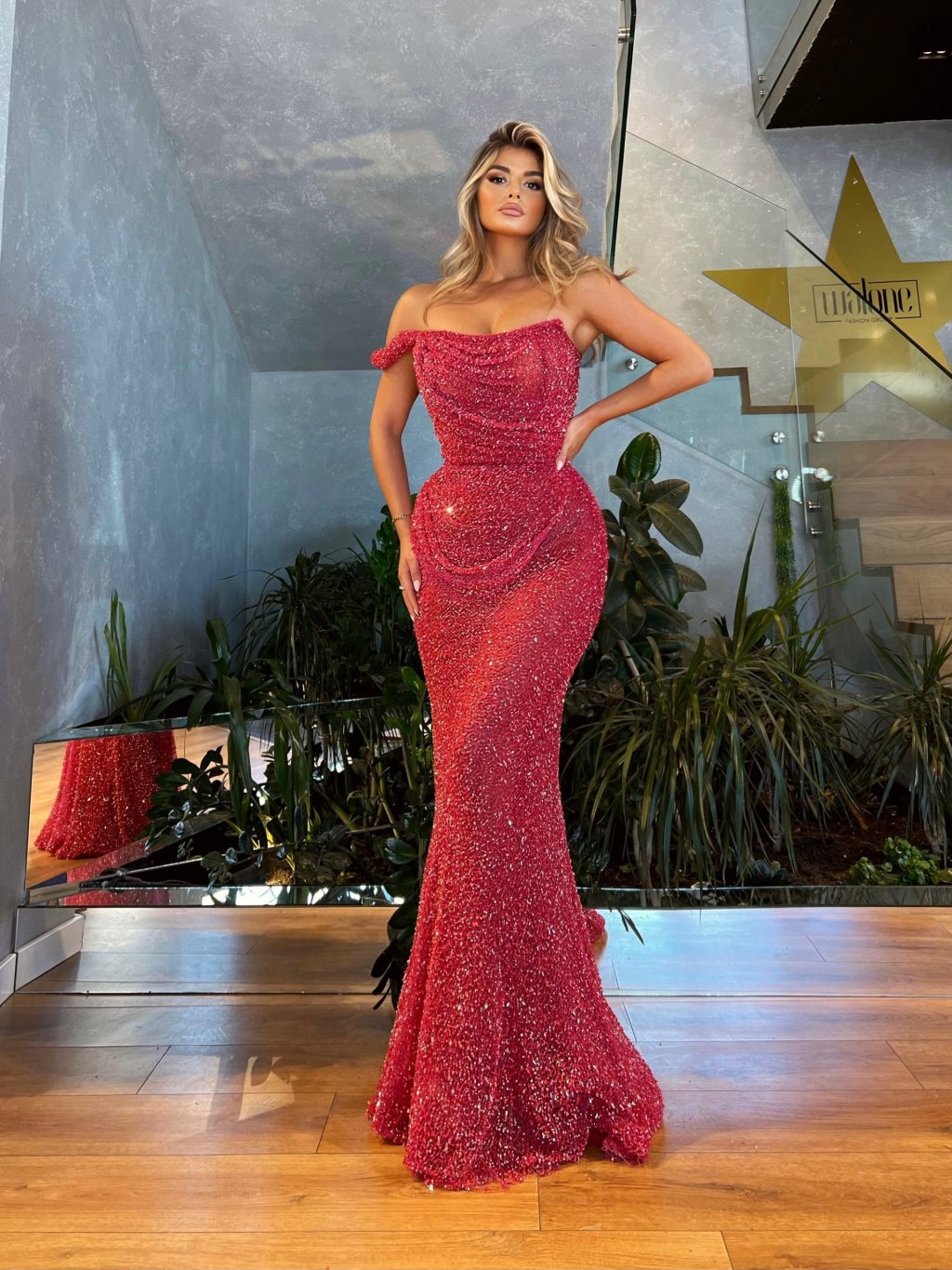 Draped Long Beaded Magenta Dress
