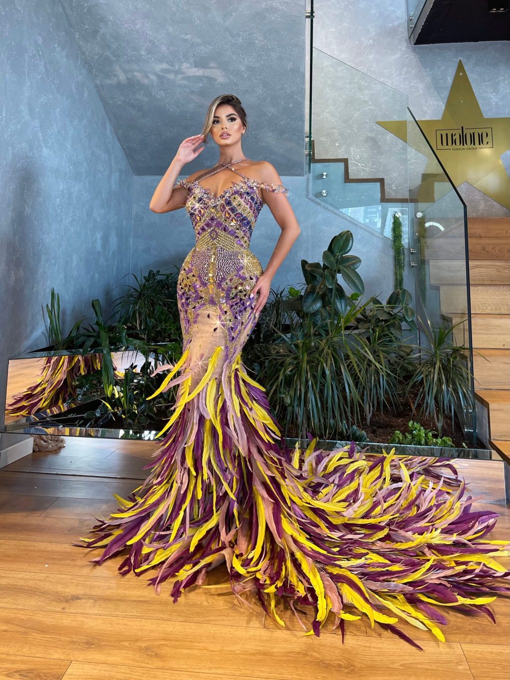 Mermaid Feathered Purple & Yellow Gown