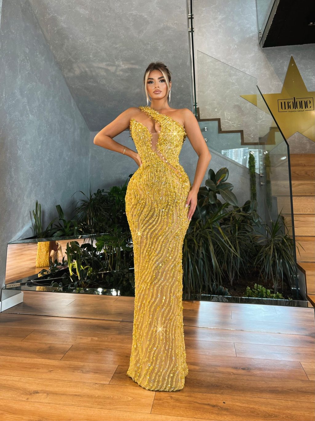 Yellow Embellished Asymmetrical Dress