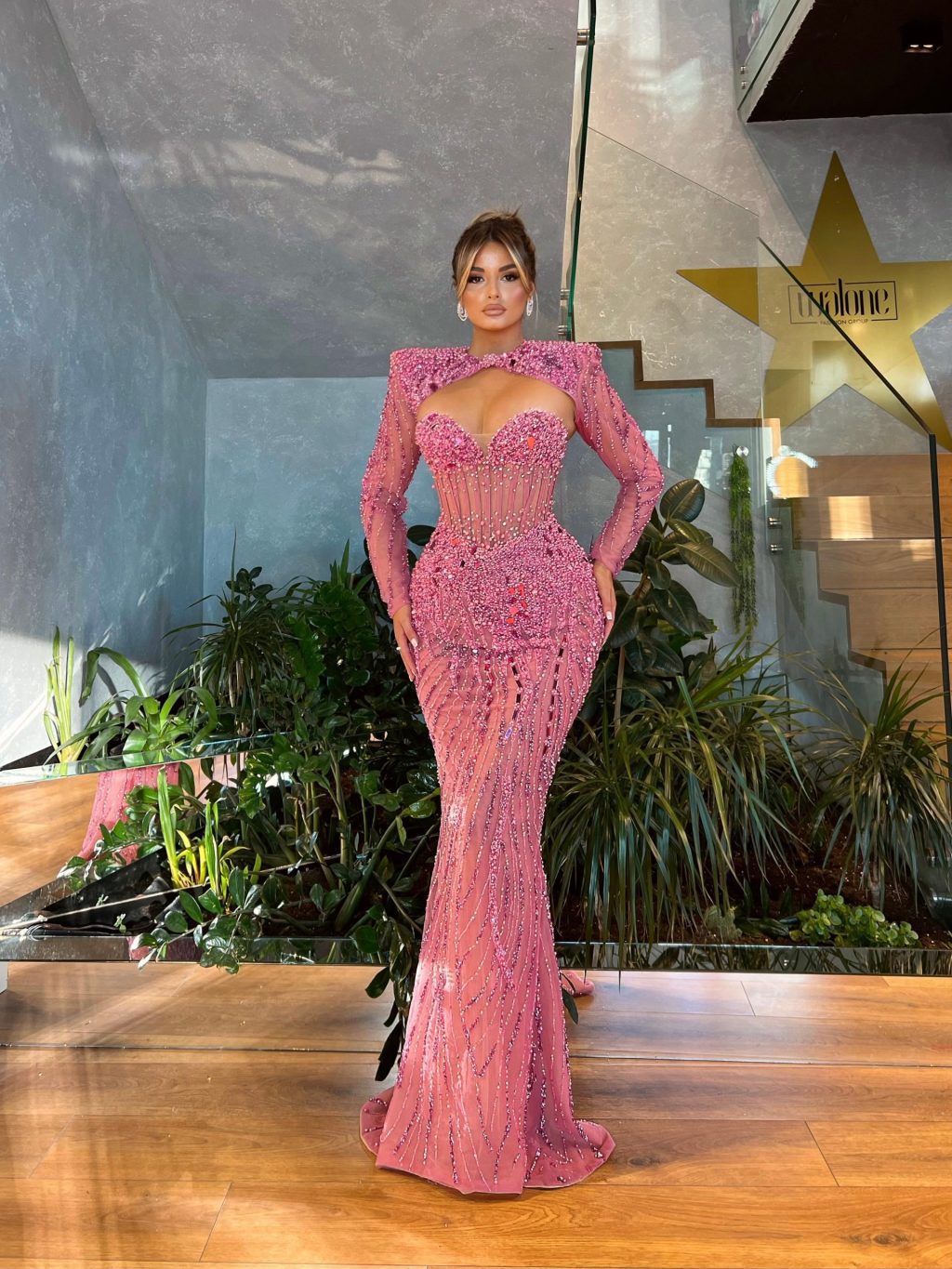 Open Chest Pink Beaded Dress