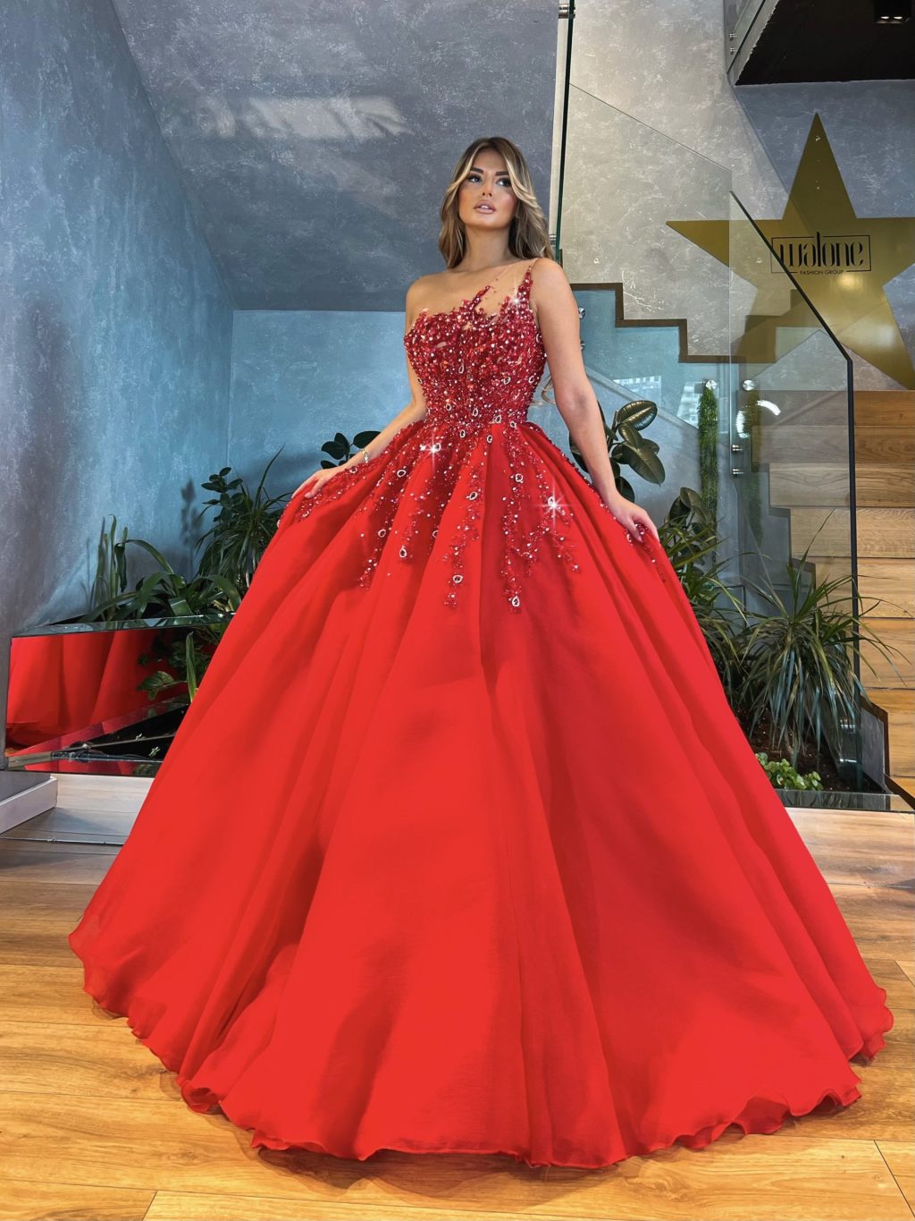 Sleeveless Red Tulle Embellished Gown