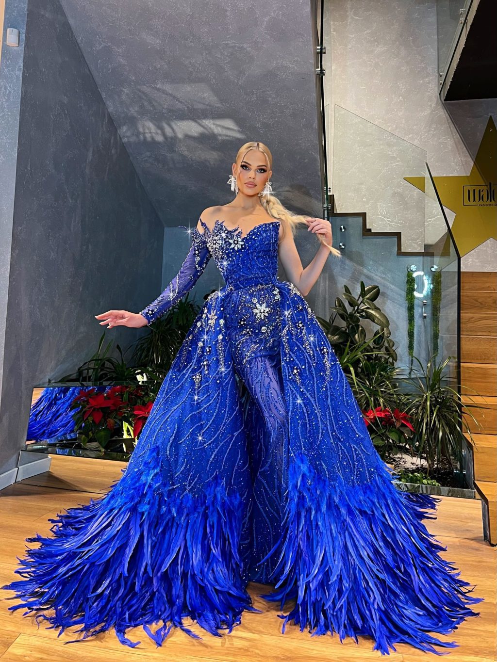 One Shoulder Sleeve Royal Blue Gown with Detachable Overskirt