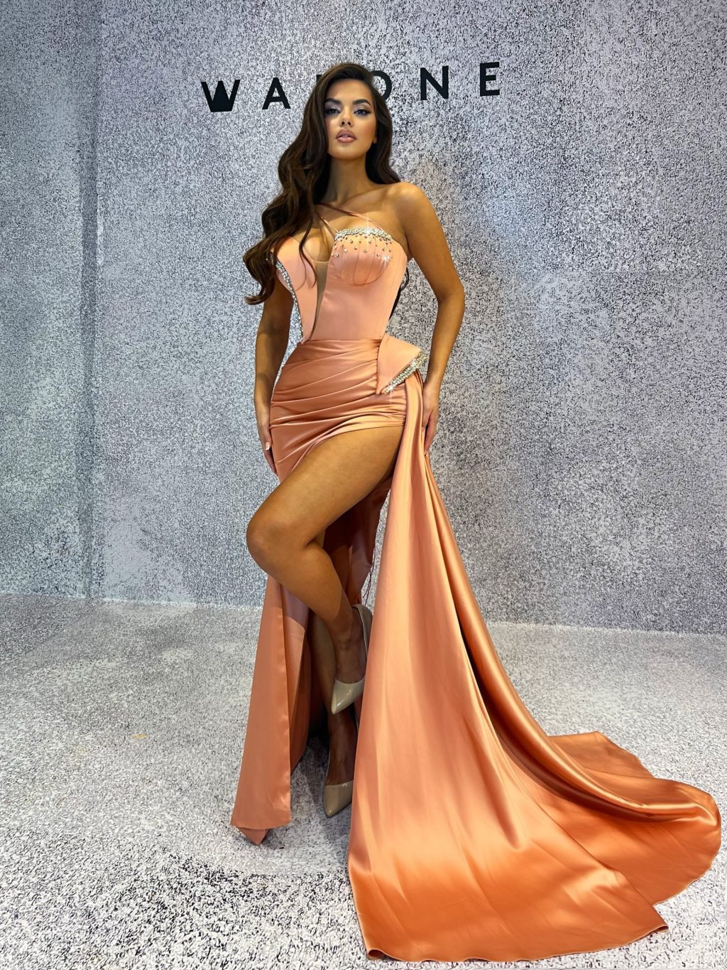 Asymmetrical Peach Dress with Side Tail