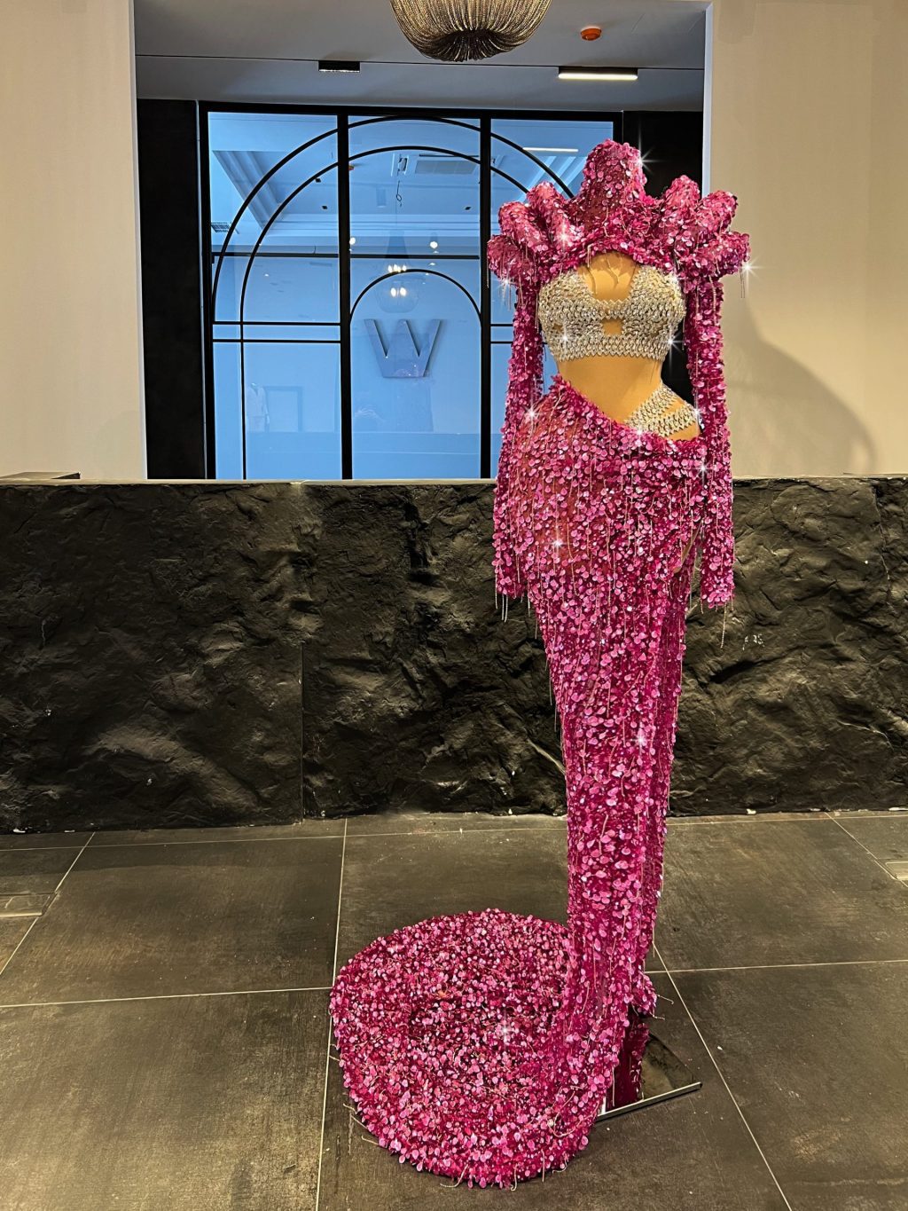 Pink Shimmering Sequin Dress with Silver Bustier