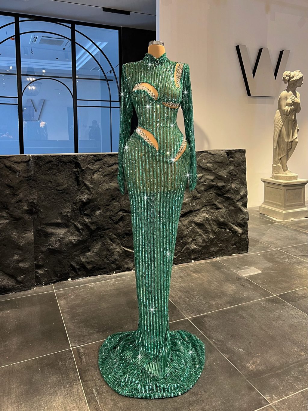 Green Sequin Shimmering Dress with Cut-Outs