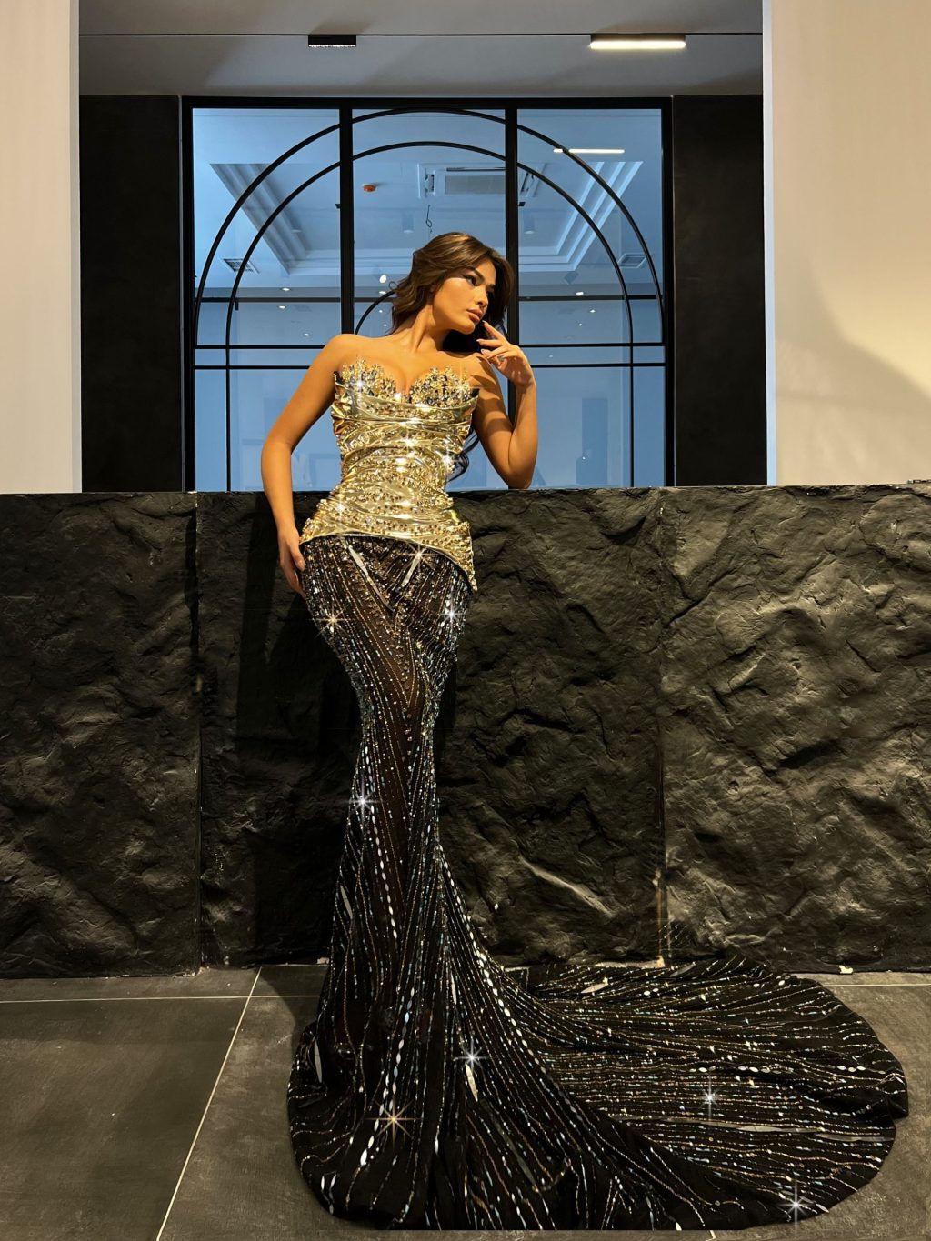 Black Mermaid Dress with Gold Embellished Latex Corset