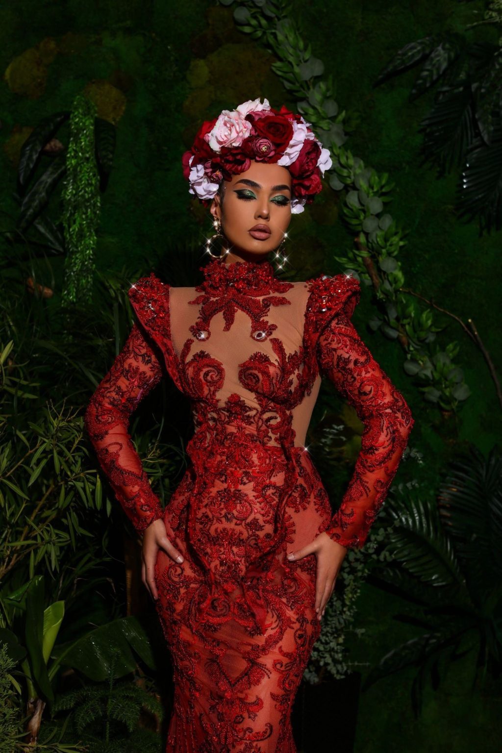 Red Lace Embellished Gown