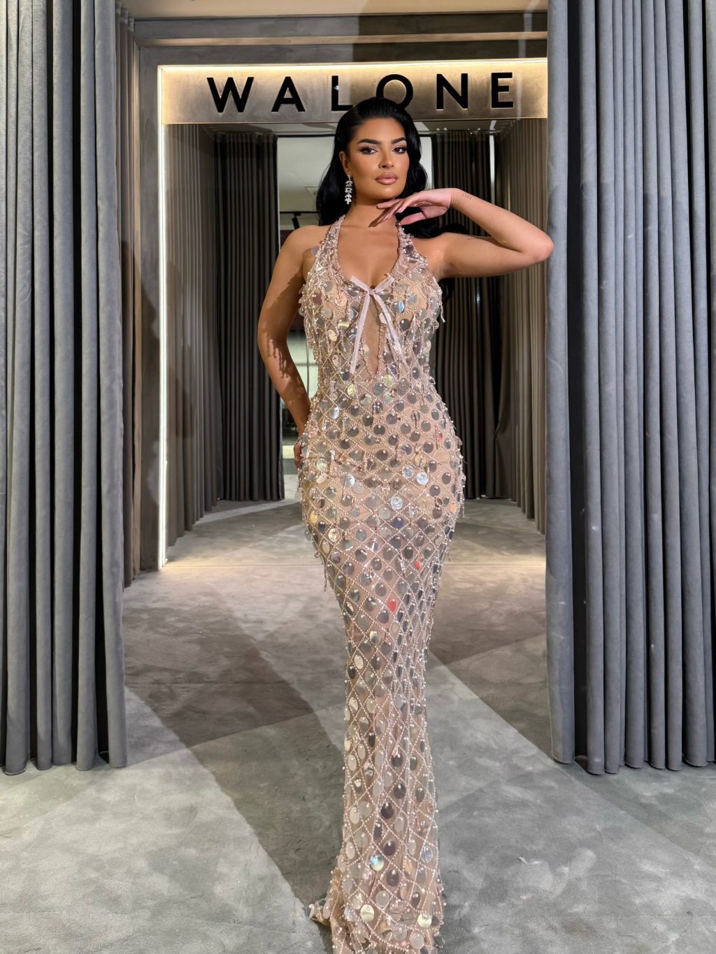 Long dress with nude crystal mesh and halter neckline