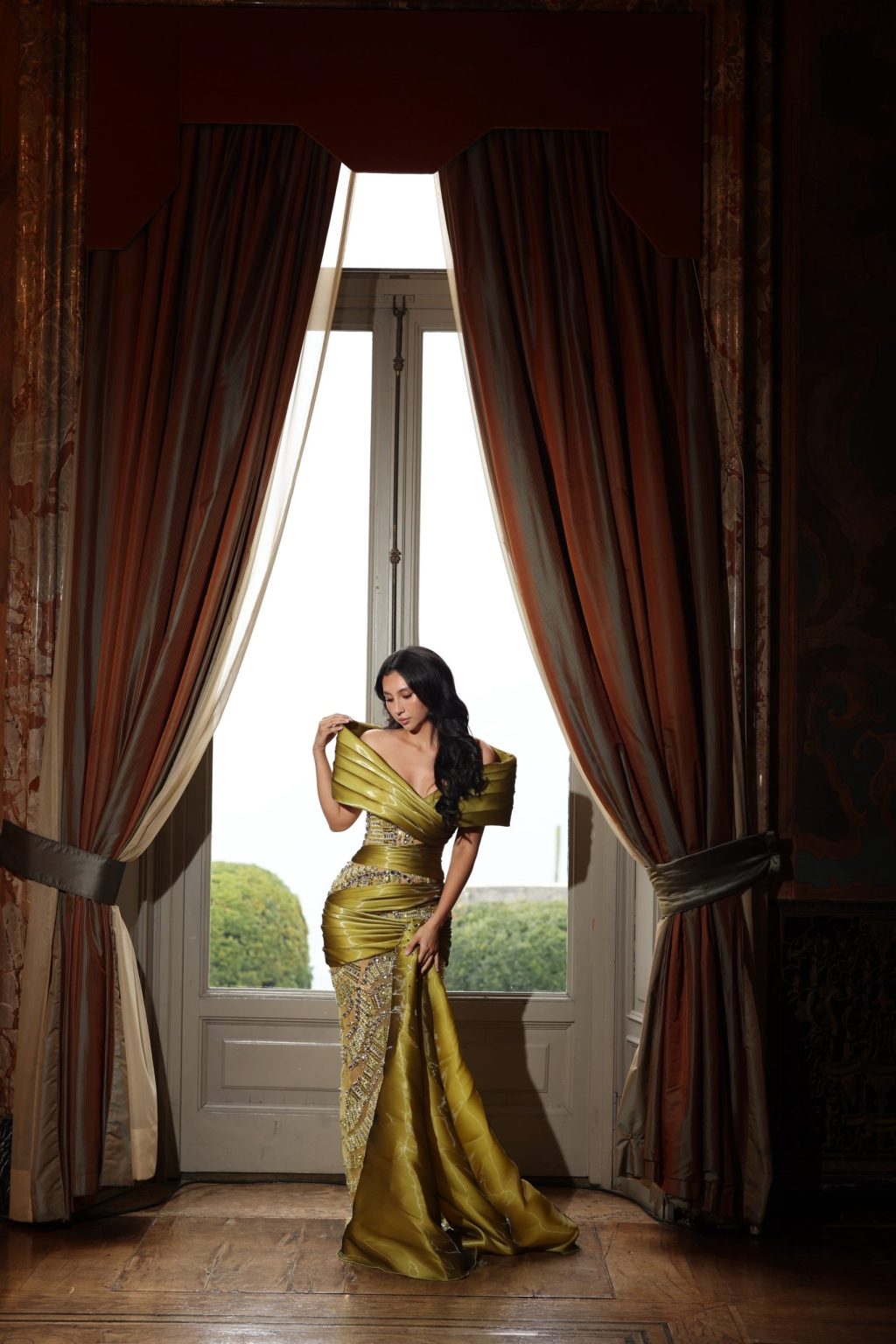 Emiliana - Off Shoulder Draped Beaded Gown