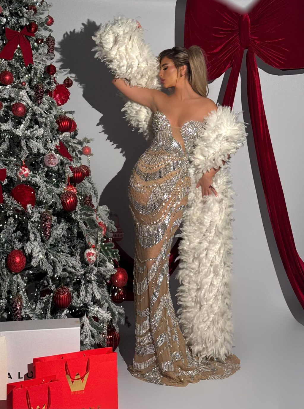 Aurevia - Crystal Plunge Gown with Feather Wrap