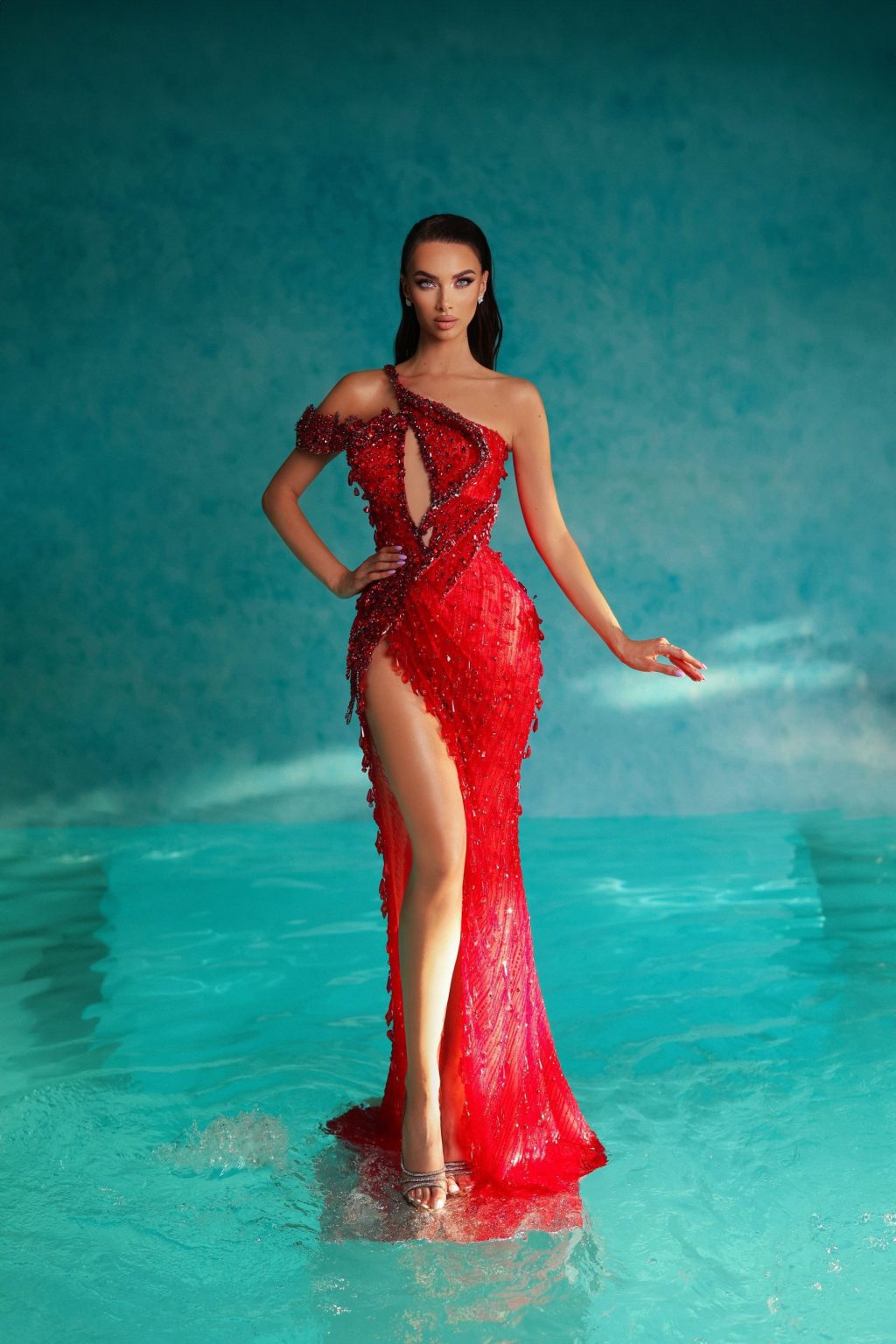 One Shoulder Red Crystal Dress with Side Slit
