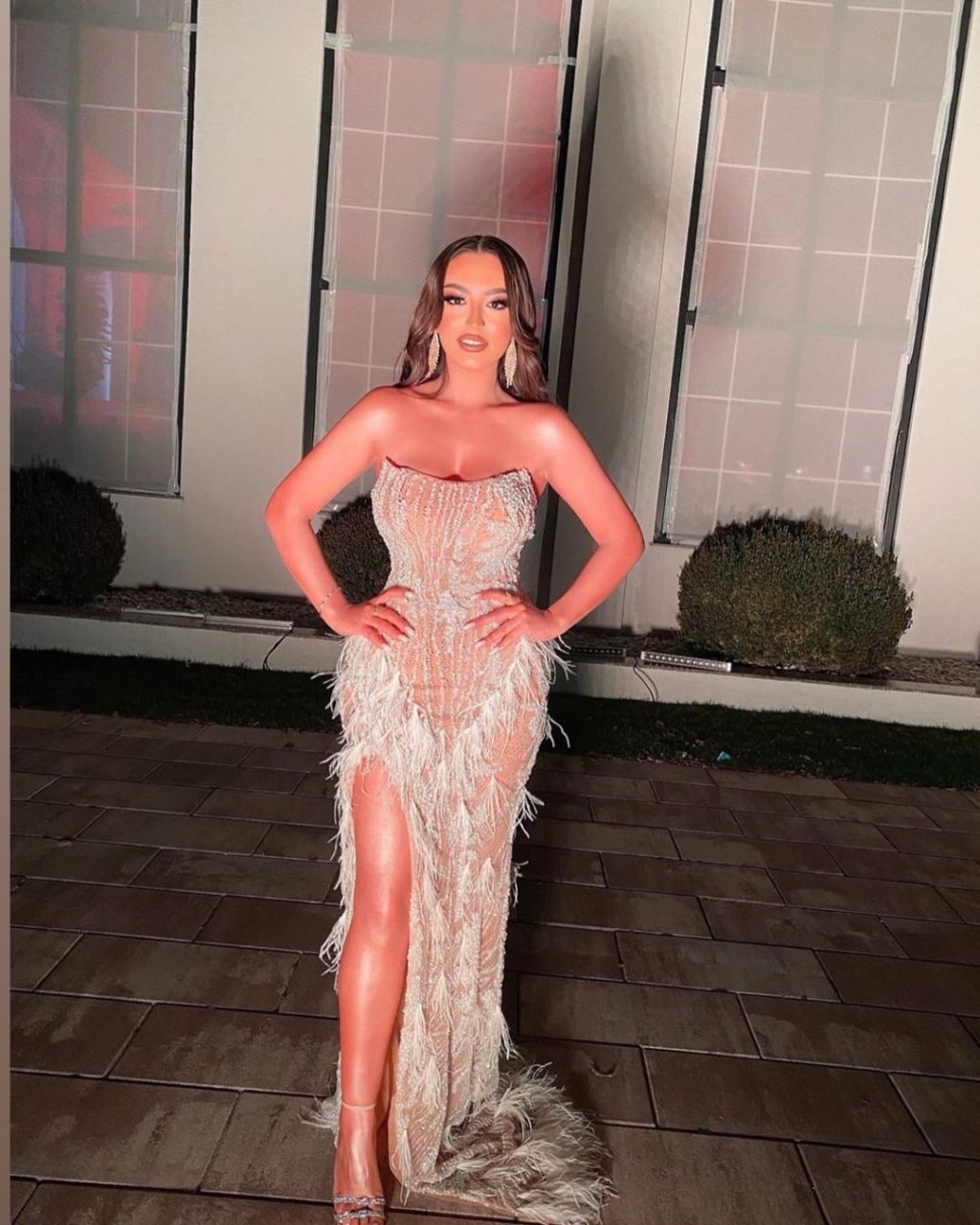 Strapless Side Slit Feathered Dress
