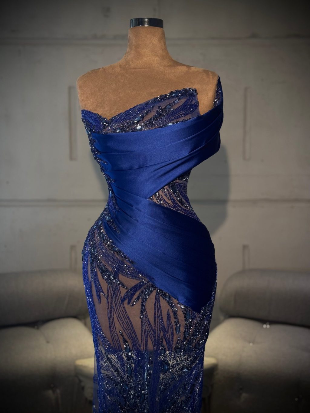 Dahlia - One Shoulder Beaded Satin Gown with Train