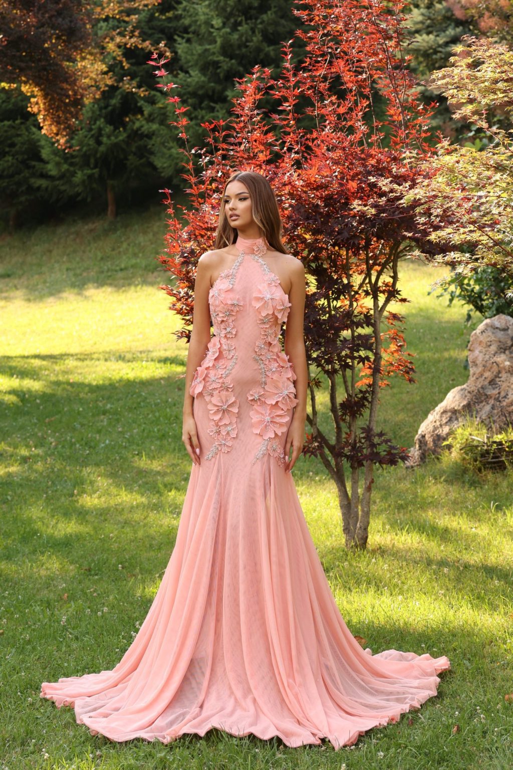 Elara - High Neck 3D Floral Gown