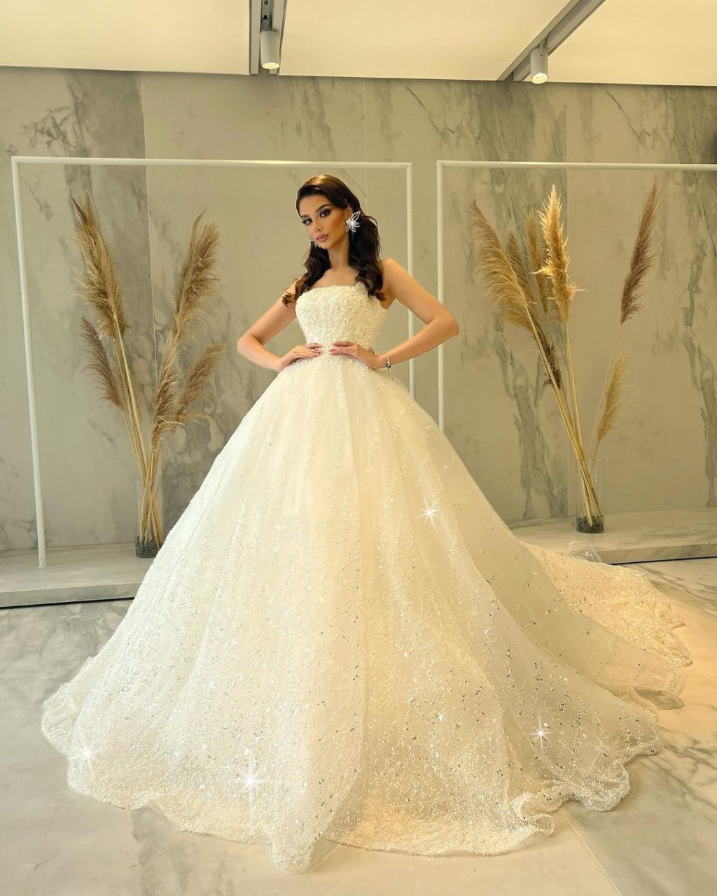 Square Neckline Shimmering Bridal Ball Gown