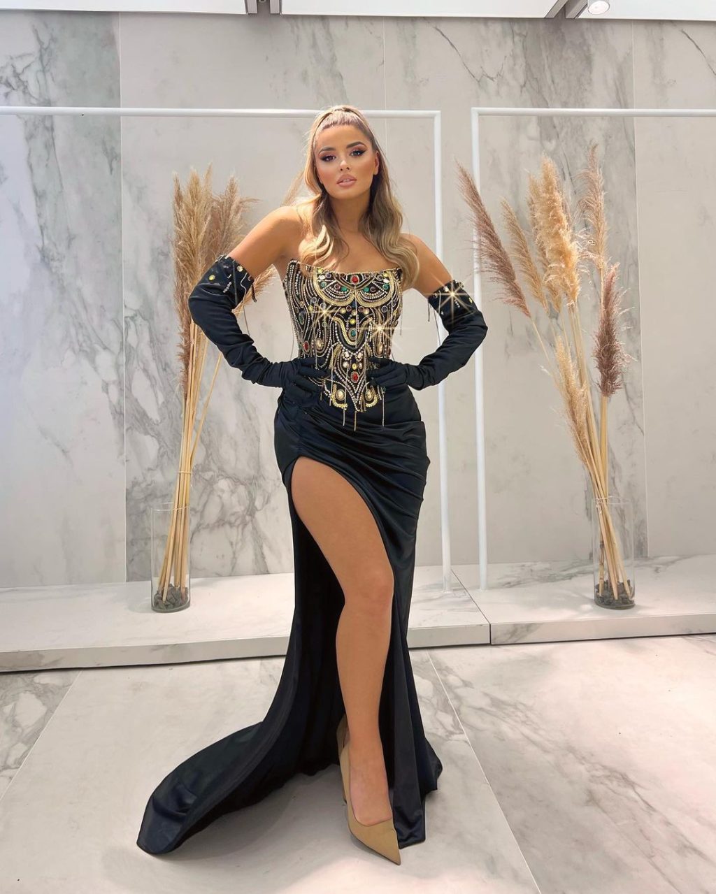 Embellished Corset Black Dress with Side Slit