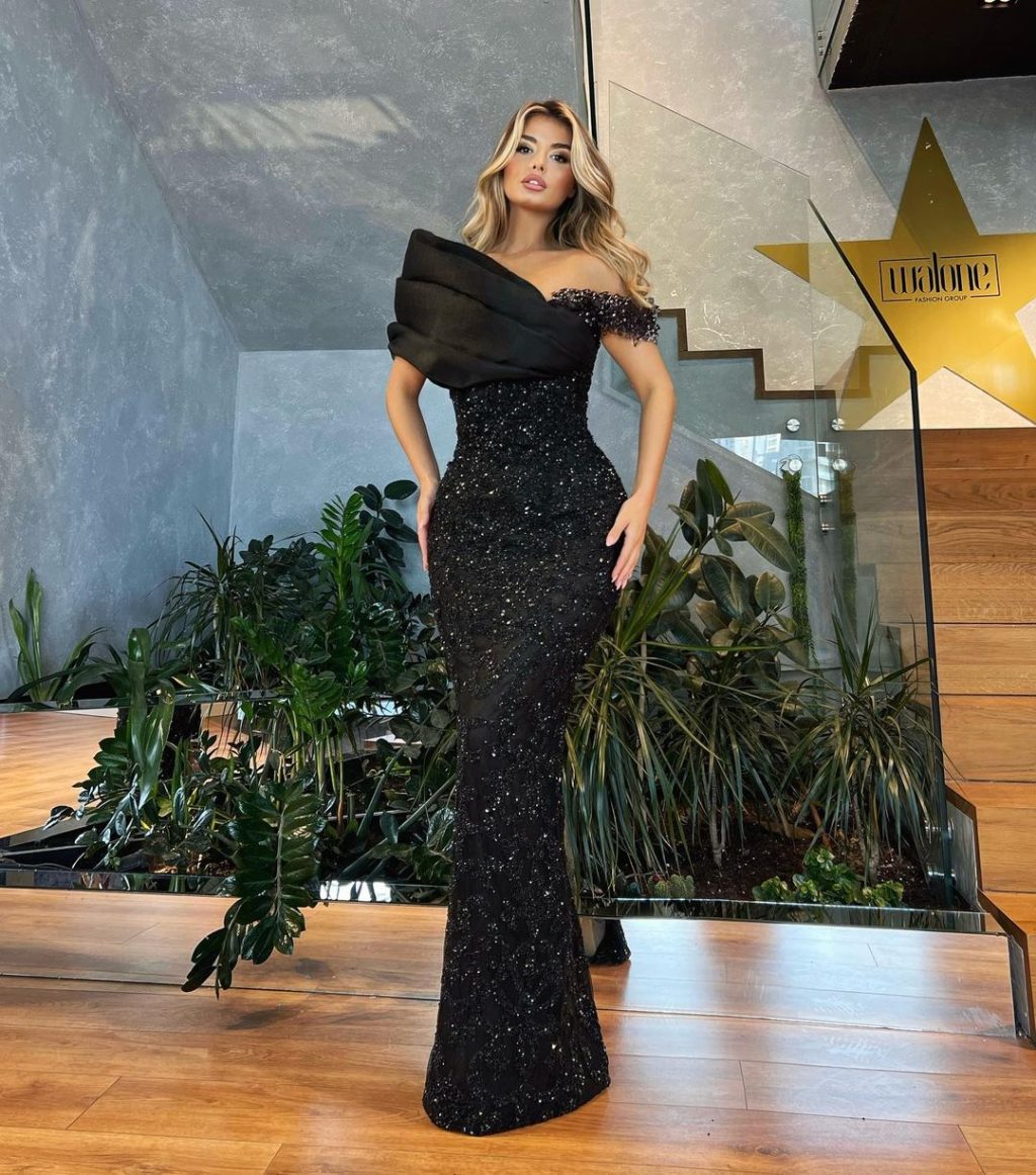 One Shoulder Satin Beaded Black Dress