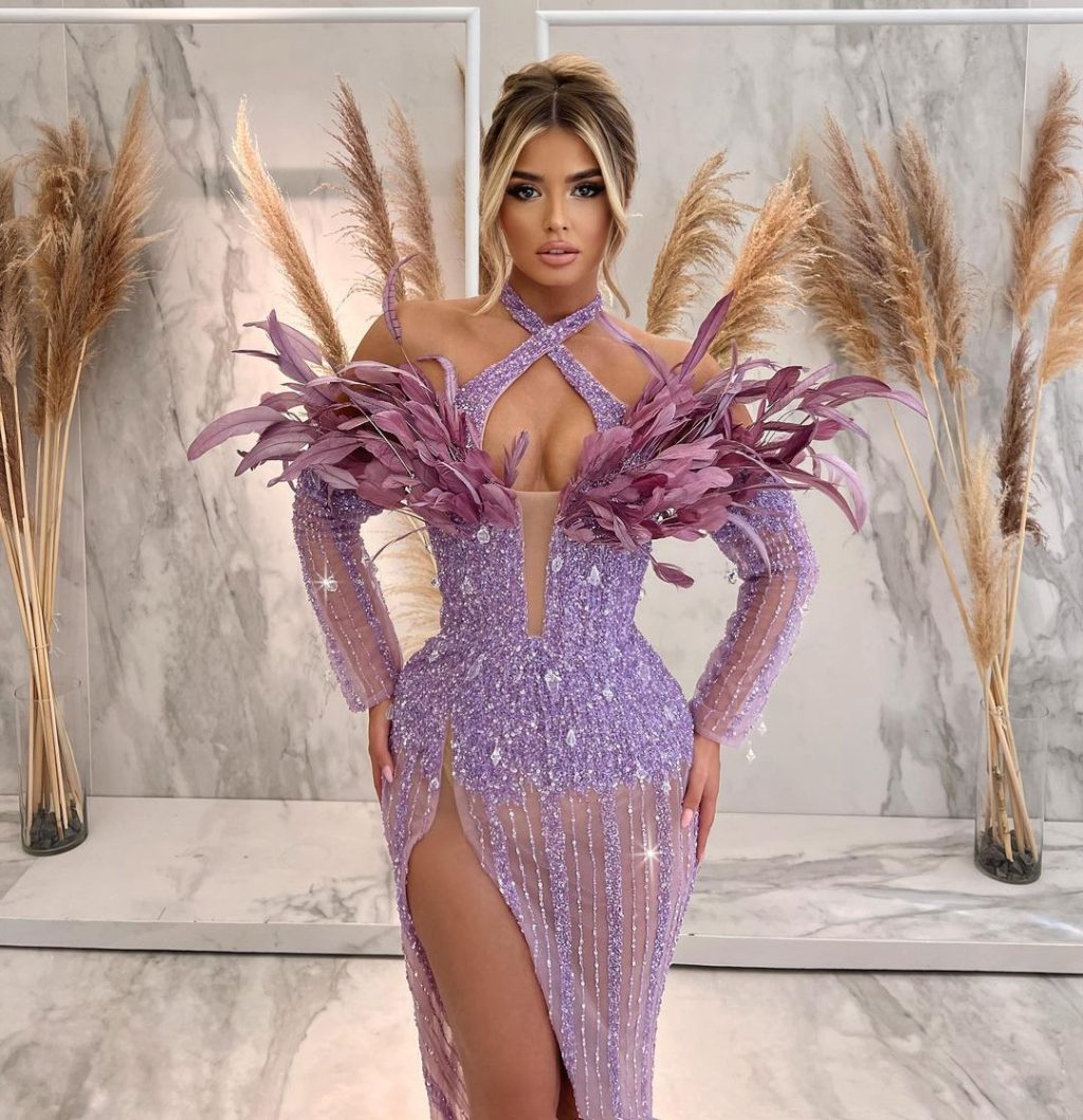 X-Straps Purple Feathered Gown