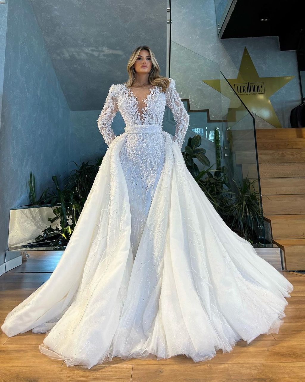 Lace Beaded Wedding Dress with Detachable Train