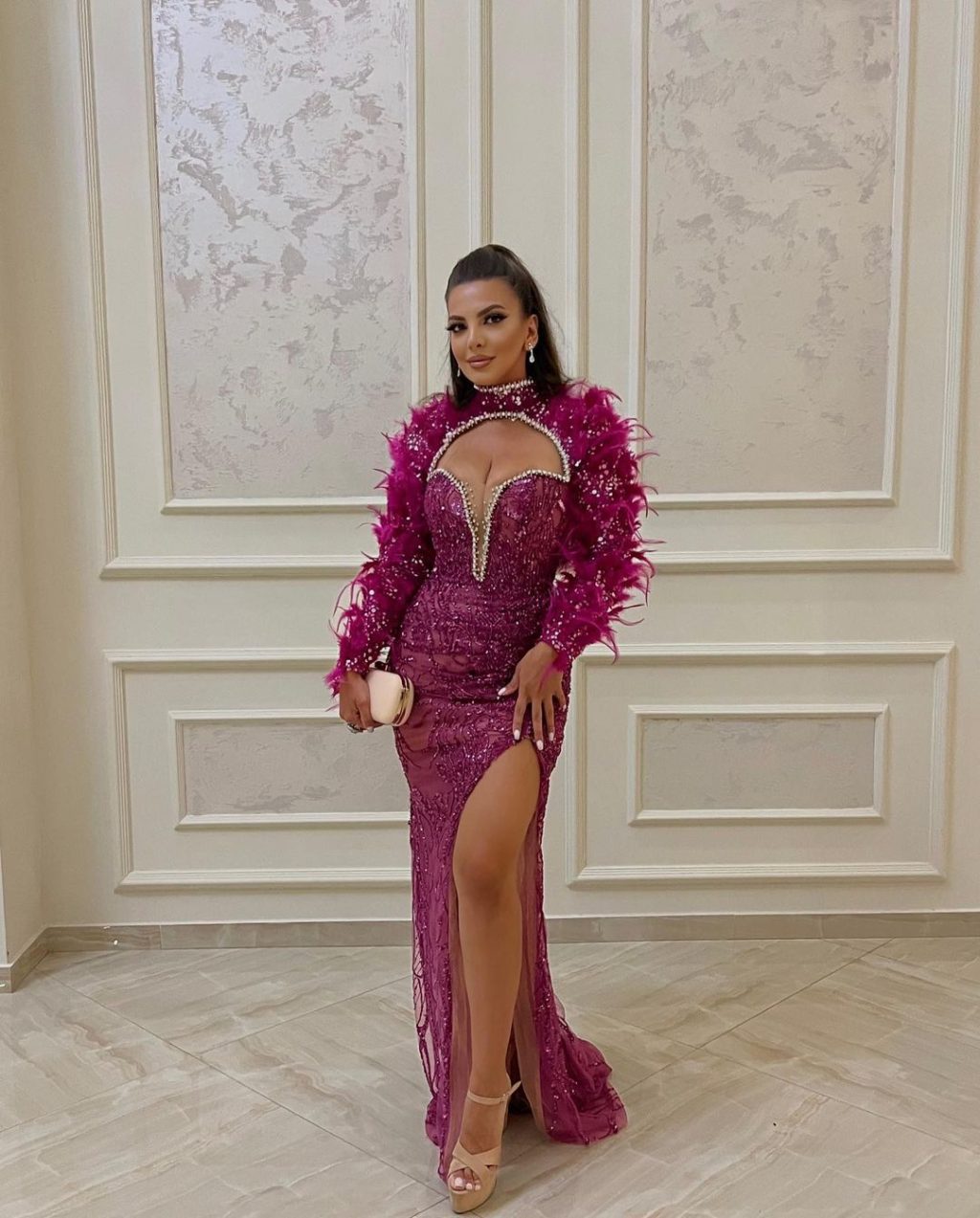 Long Sleeve Purple Embellished Evening Dress