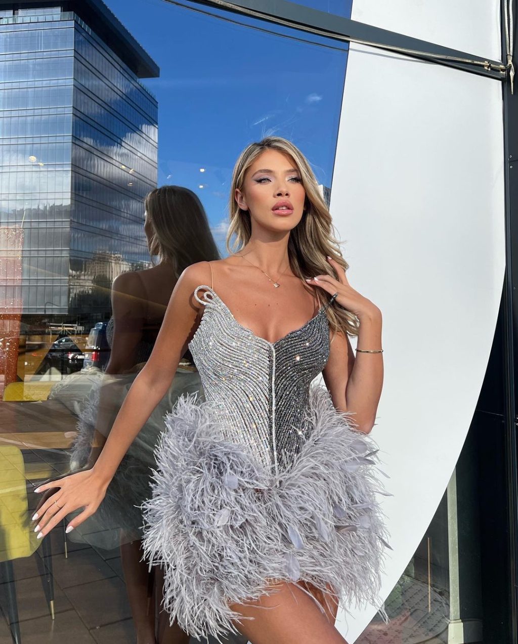 Strapless Short Gray Feathered Dress