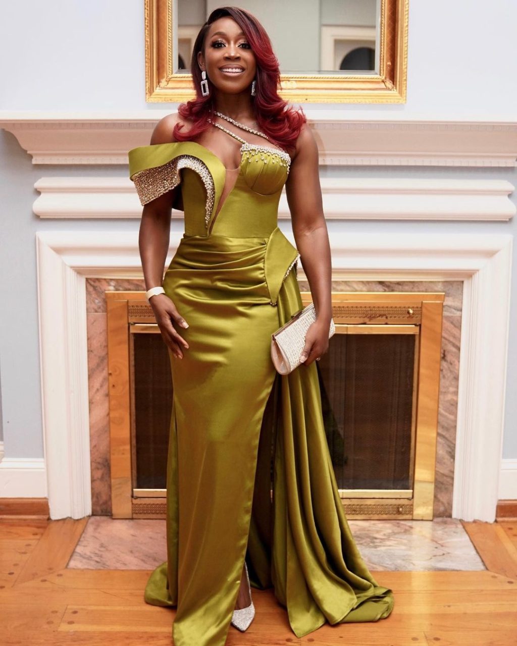 Asymmetrical Olive Green Dress with Side Tail