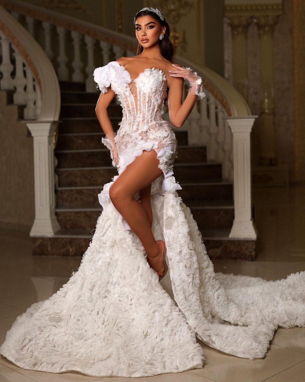 3D Floral Appliques Bridal Dress with Side Slit