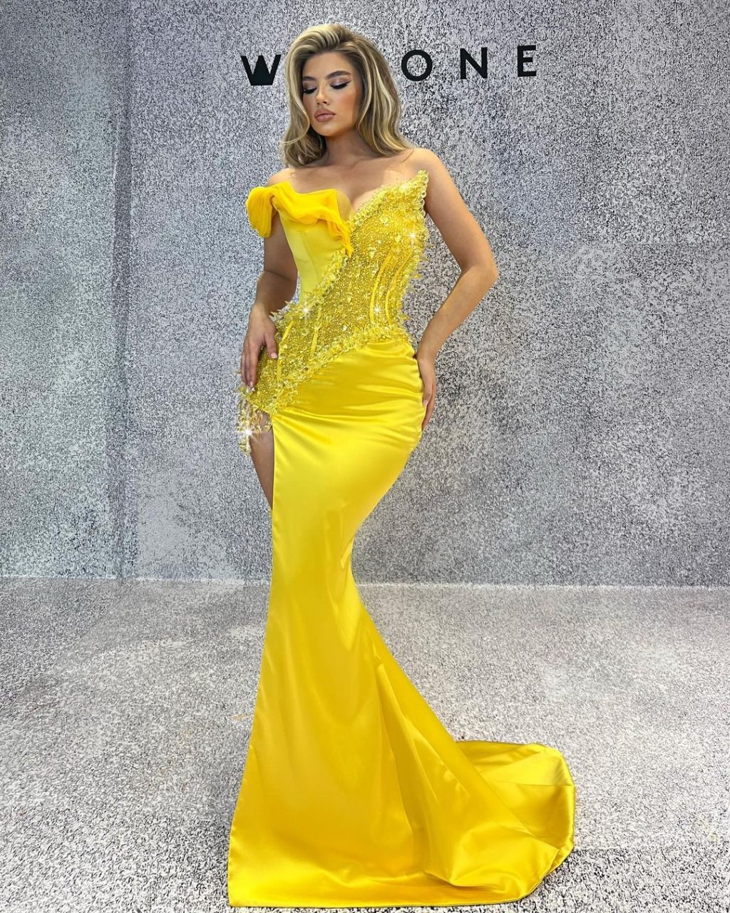One Shoulder Strap Yellow Asymmetrical Dress
