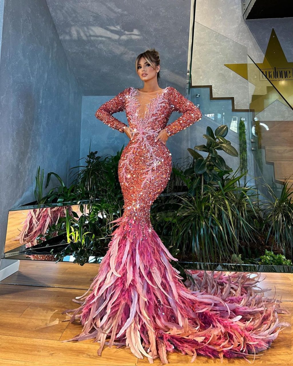 Long Pink Embellished Dress with Feathered Tail