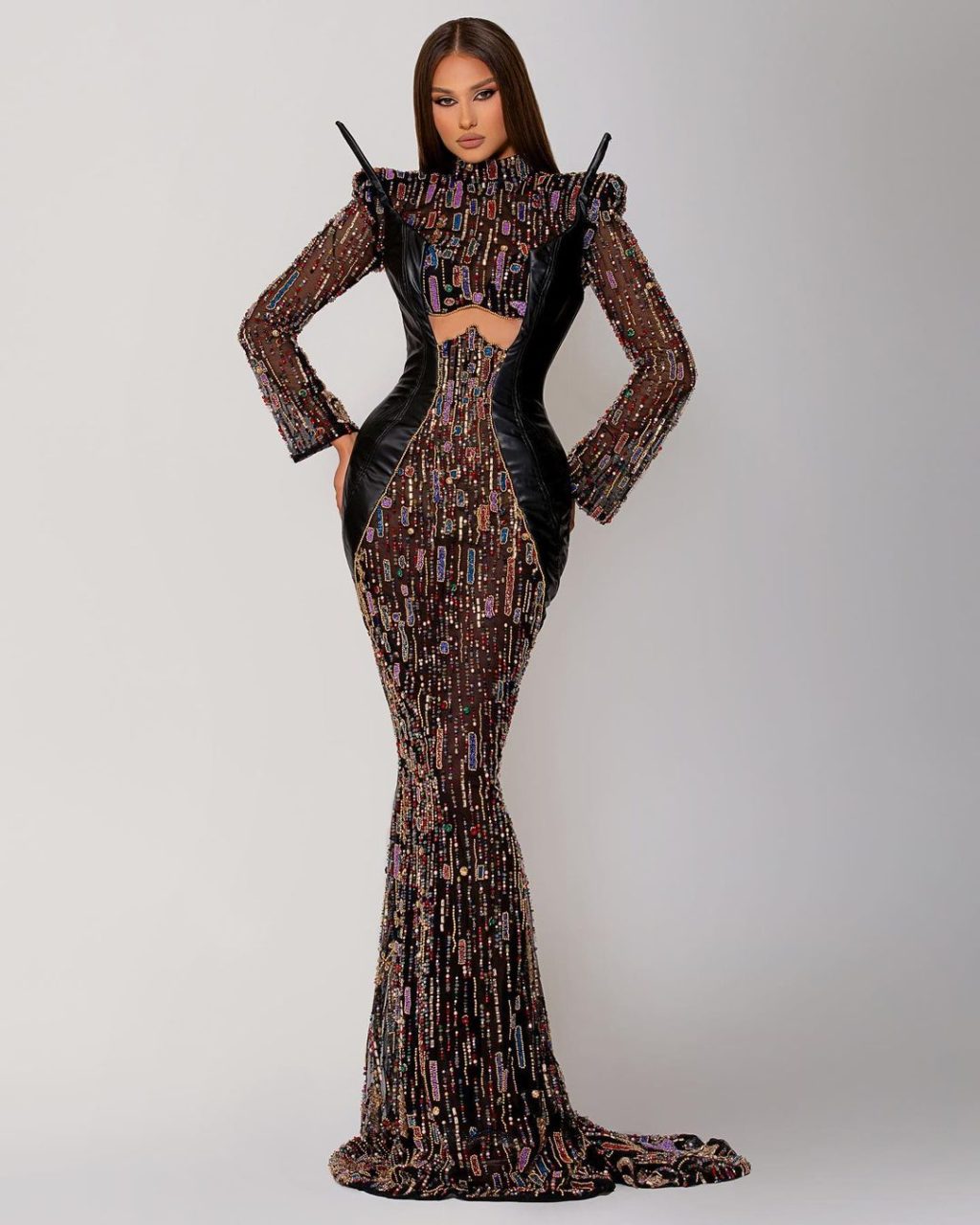 High Neck Embellished Black Dress with Leather Corset