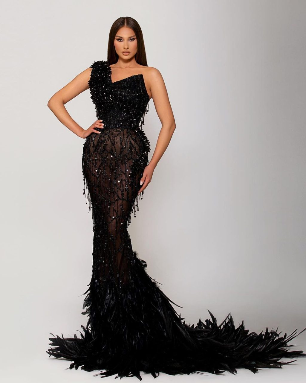 One Shoulder Black Tassel Dress with Feathered Train