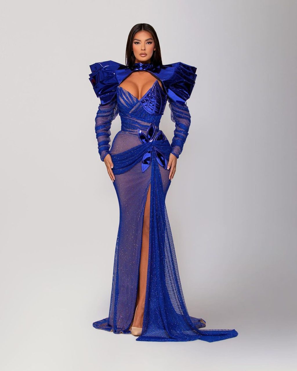 Puff Shoulders Royal Blue Crystal Mesh Dress
