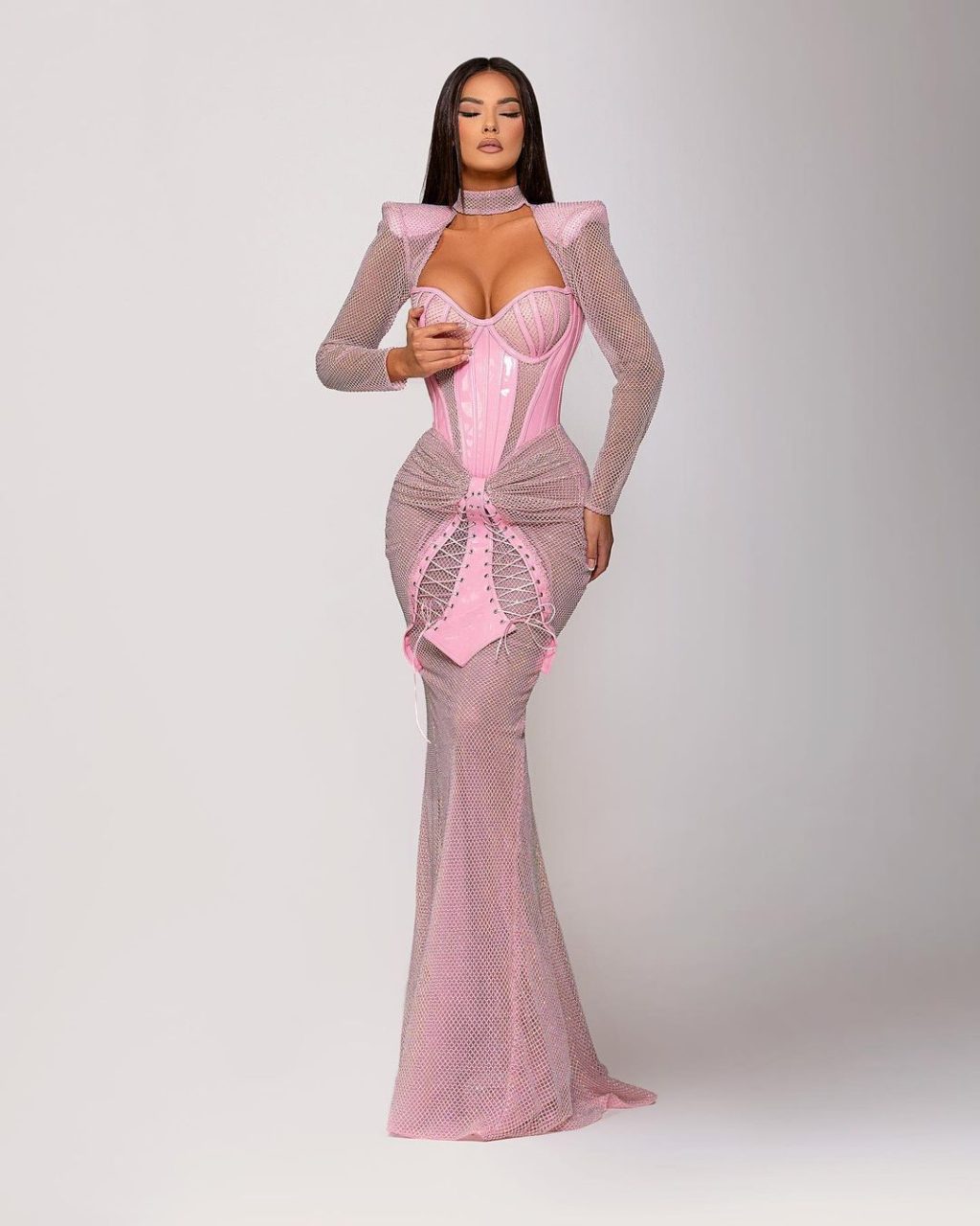 Crystal Mesh Pink Dress with Lace Up Corset Skirt