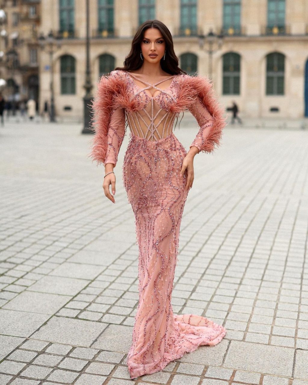 Blush Pink Embroidered Dress with Feathered Sleeves