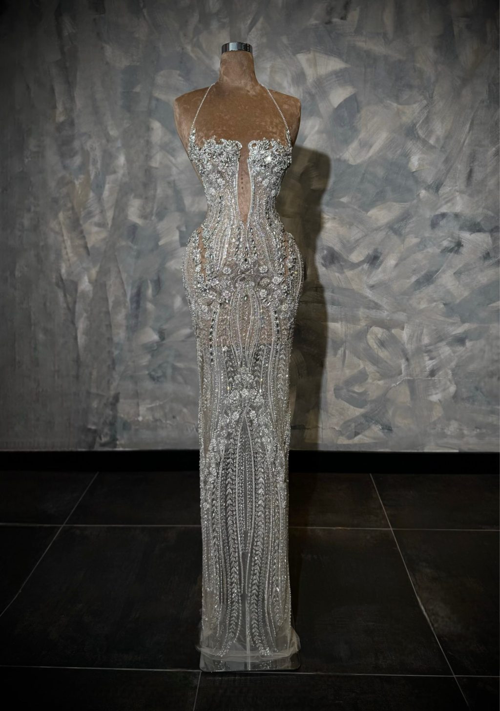 Elène - Silver Beaded Halter Gown