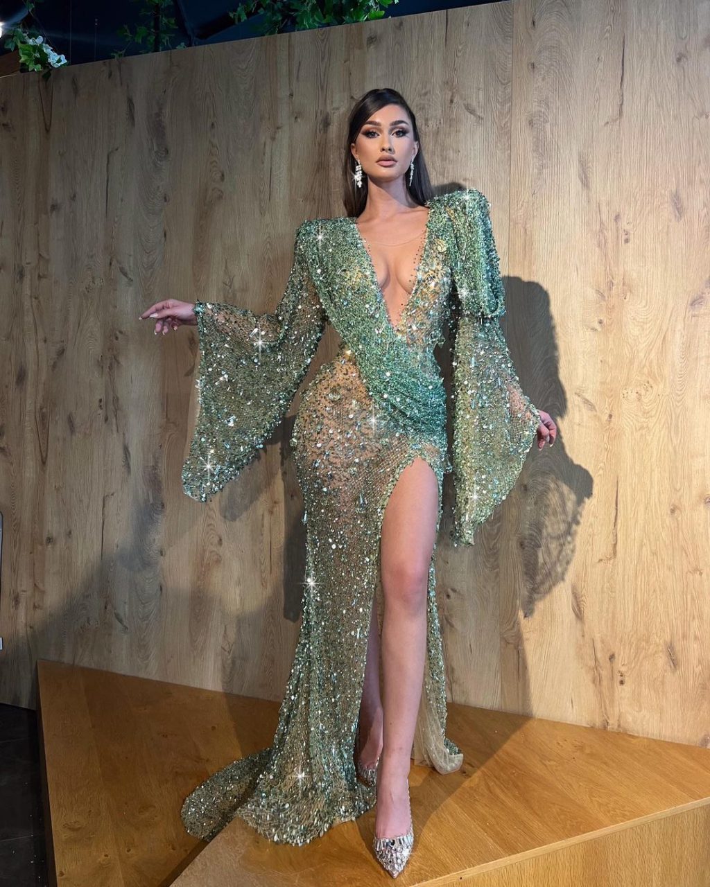 Green Shimmering Mesh Dress with Bell Sleeves
