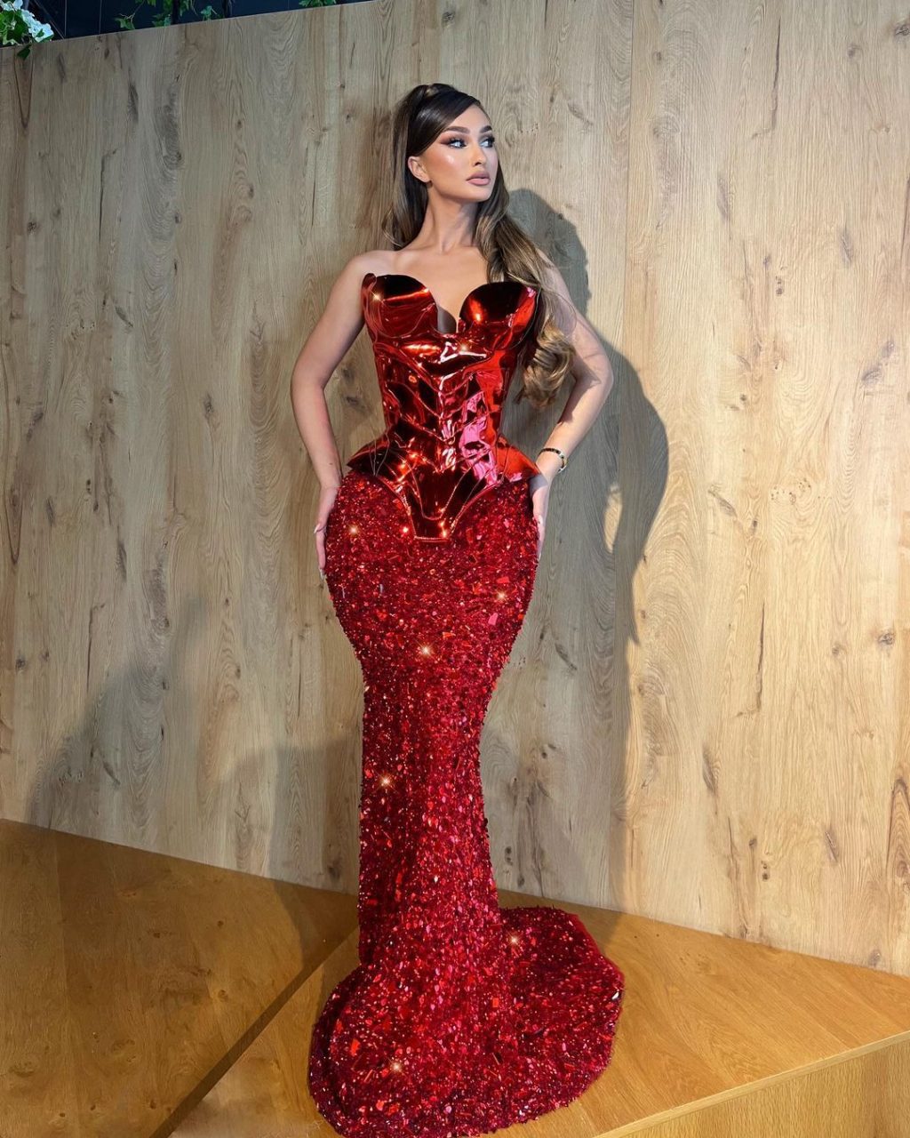 STRAPLESS EMBELLISHED DRESS WITH METALLIC RED CORSET