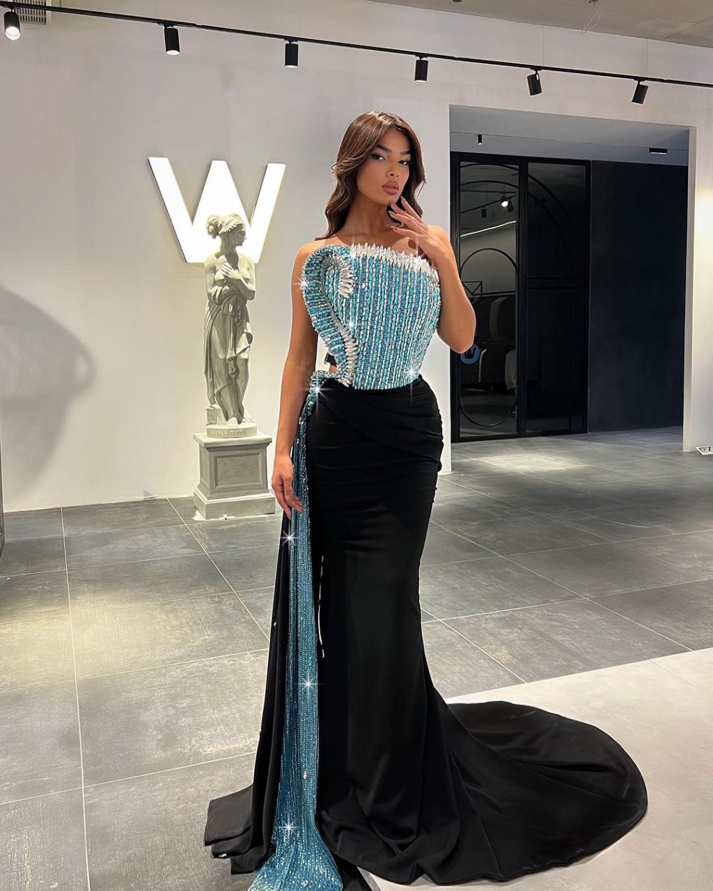 Long Black Dress with Blue Wave Corset