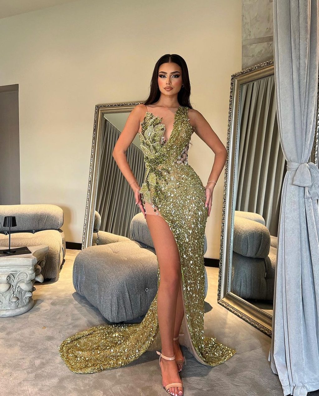 Side Slit Green Shimmering Dress with Leaf Embroidered Details