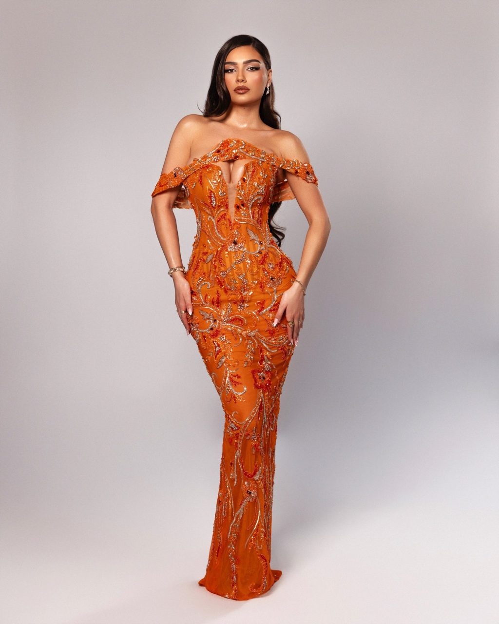 Floral Beaded Off Shoulder Gown