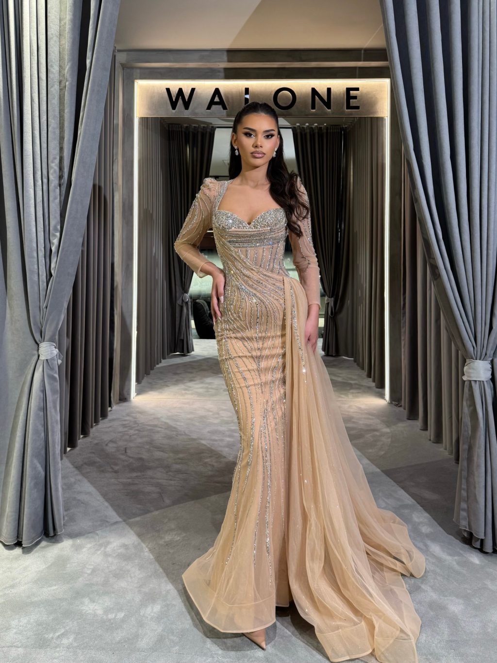 Champagne Long Sleeve Crystal Gown