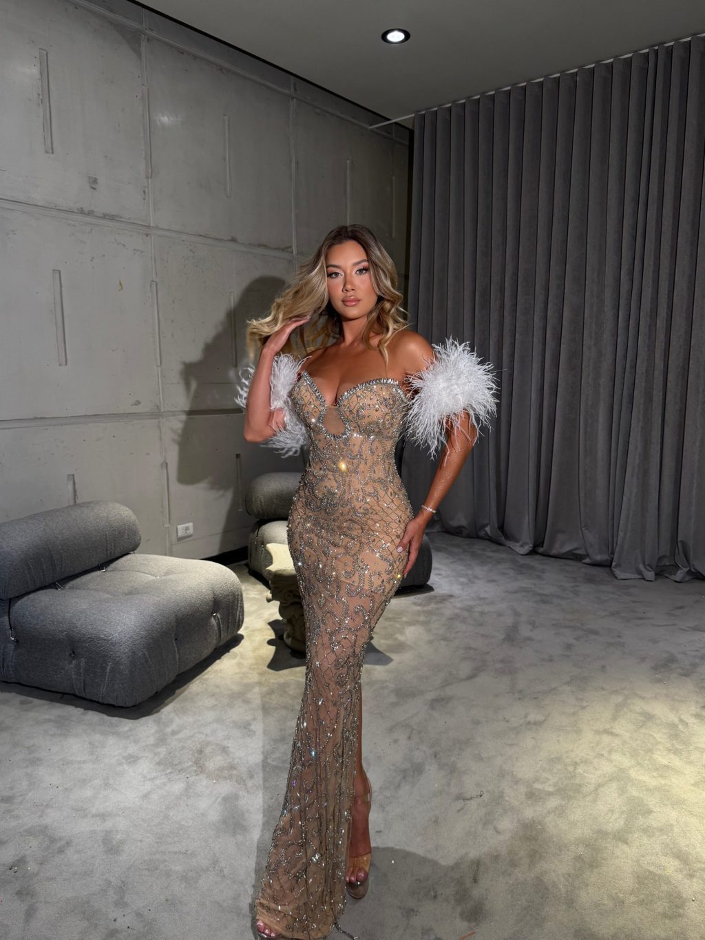 Mariana -Nude Crystal Gown with Feather Sleeves